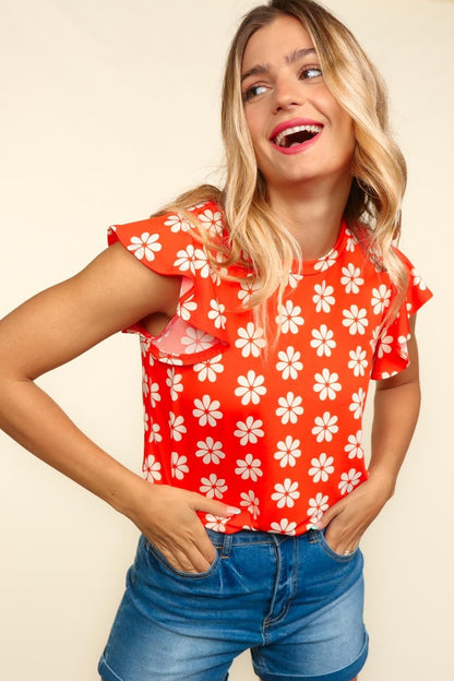 Round Neck Ruffled Floral Contrast Knit Top