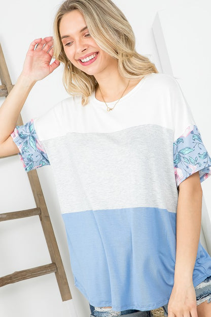 SOLID FLORAL MIXED COLORBLOCK TOP