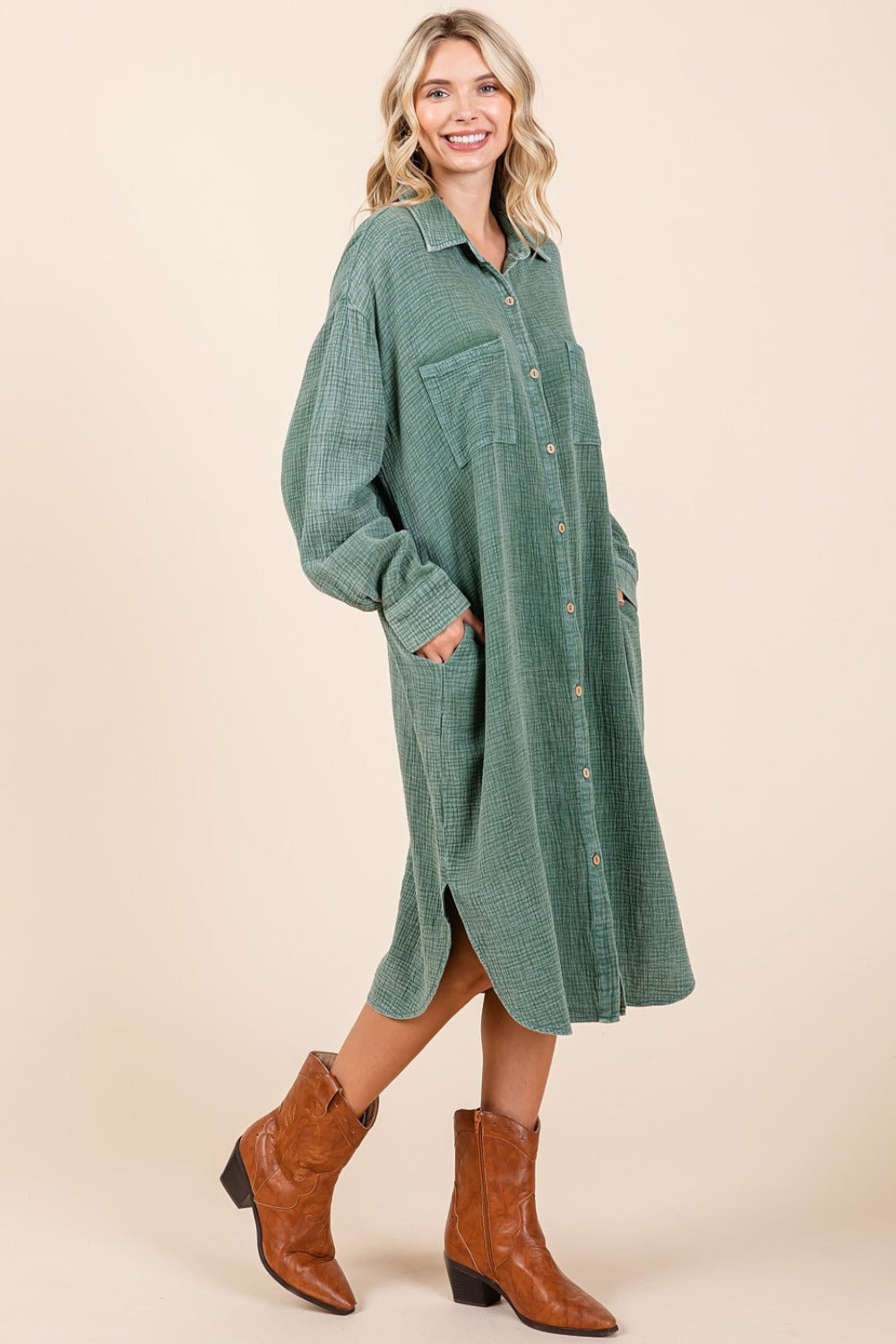 Mineral Wash Cotton Gauze Midi Shirt Dress