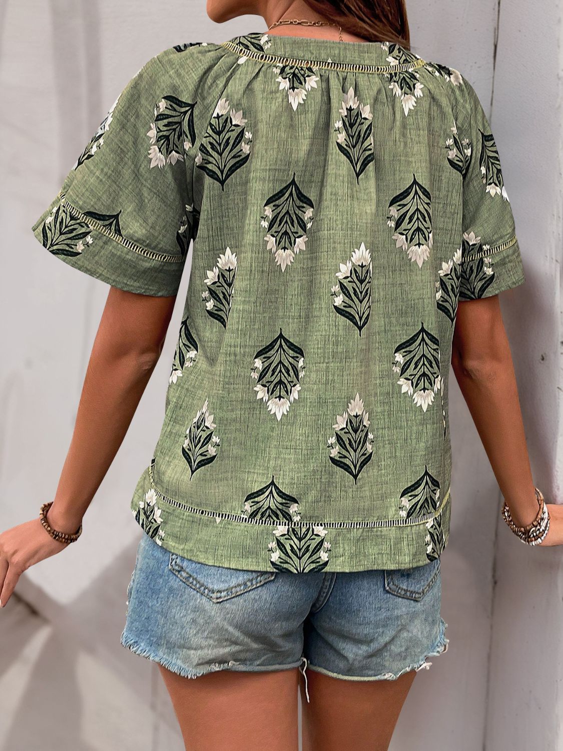 Printed V-Neck Short Sleeve Blouse