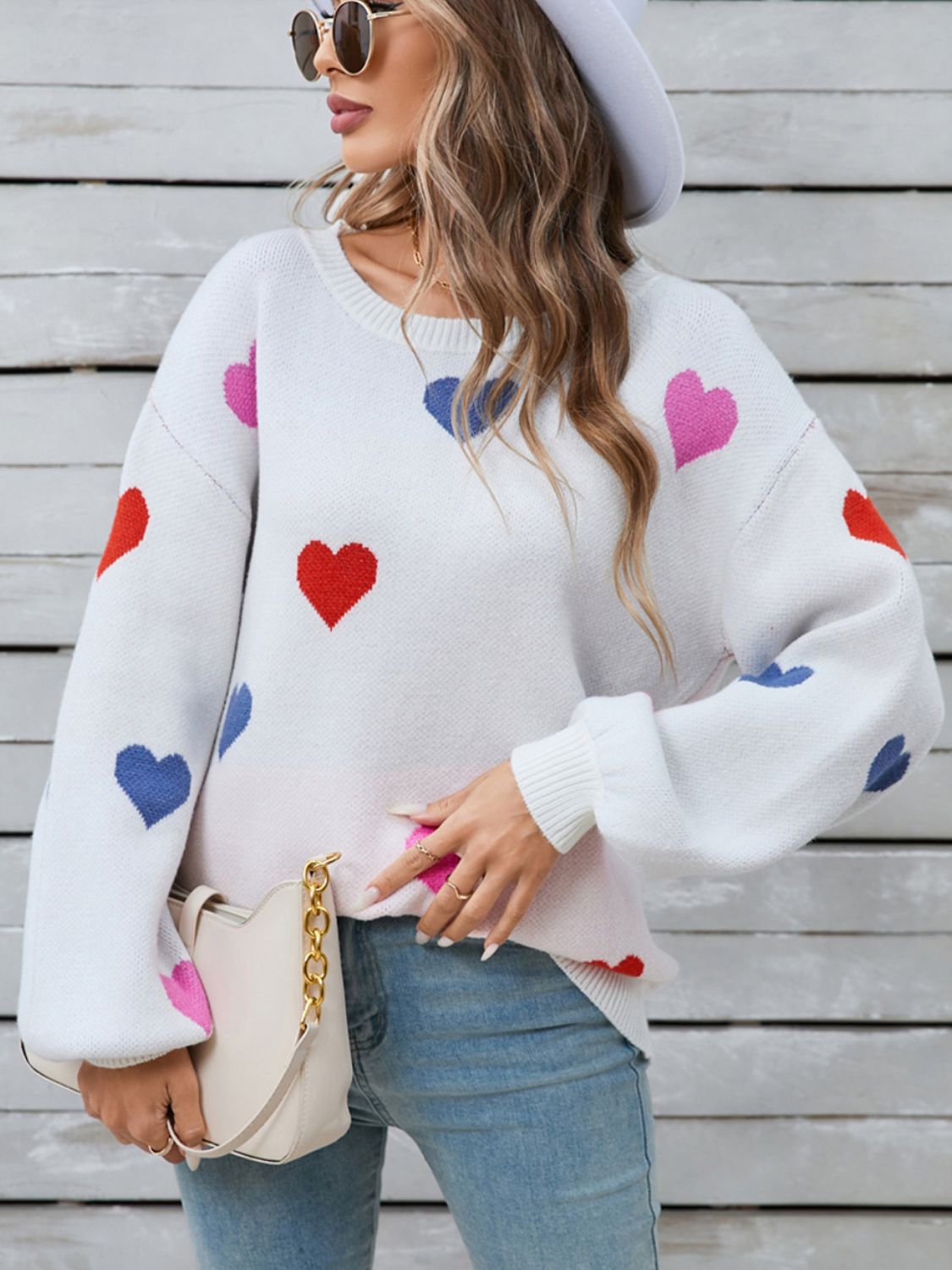 Heart Round Neck Long Sleeve Sweater