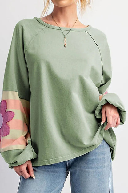 Flower Patch Round Neck Balloon Sleeve Top