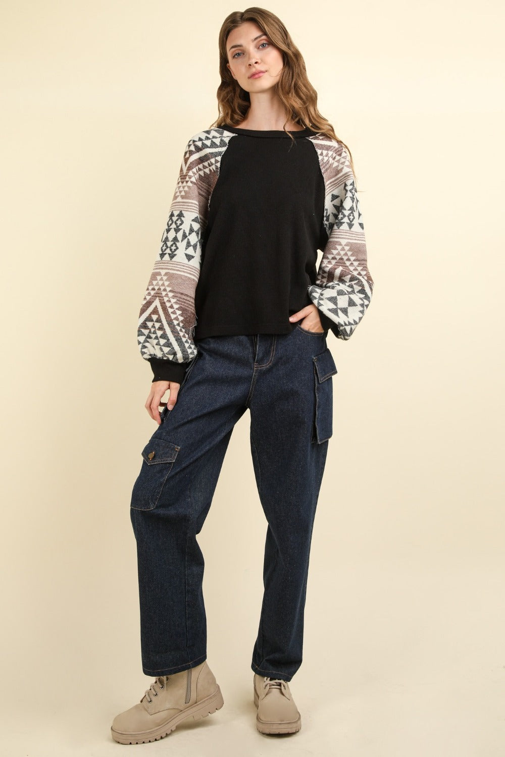 Printed Long Sleeve Round Neck Knit Top