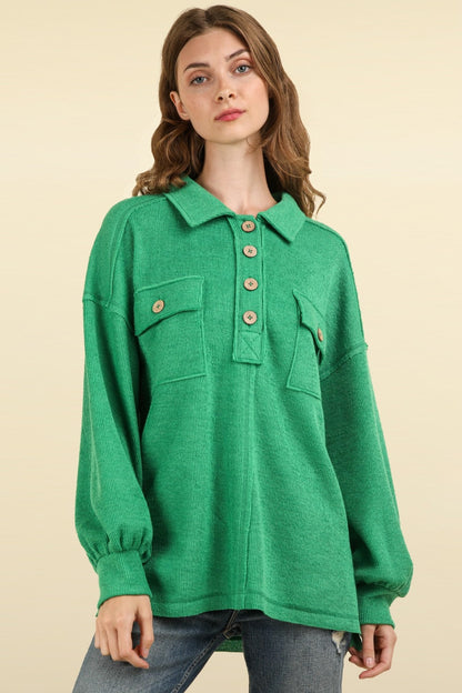 Collared Half Button Knit Top with Pockets