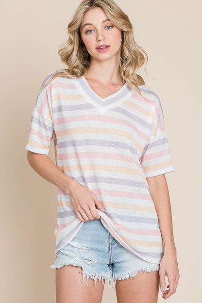 Striped V-Neck Short Sleeve T-Shirt