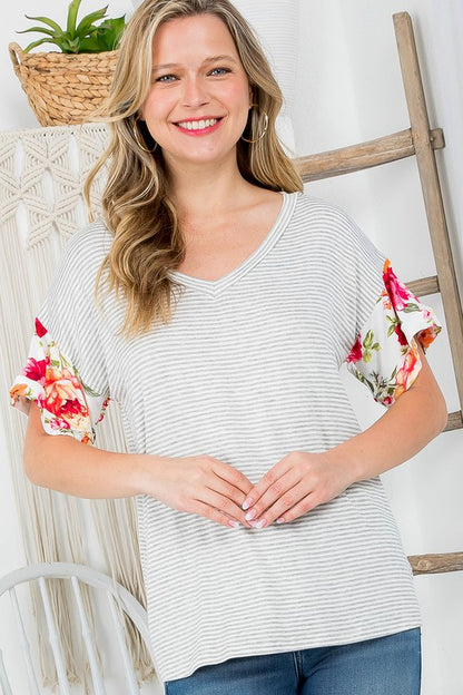 PLUS STRIPE FLORAL MIXED BOXY TOP