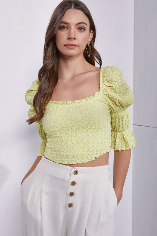 Crinkle Texture Puff Sleeve Crop Top