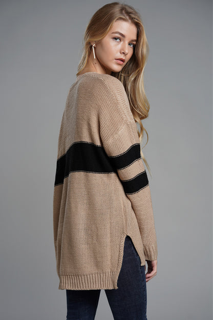 Slit Contrast V-Neck Long Sleeve Sweater