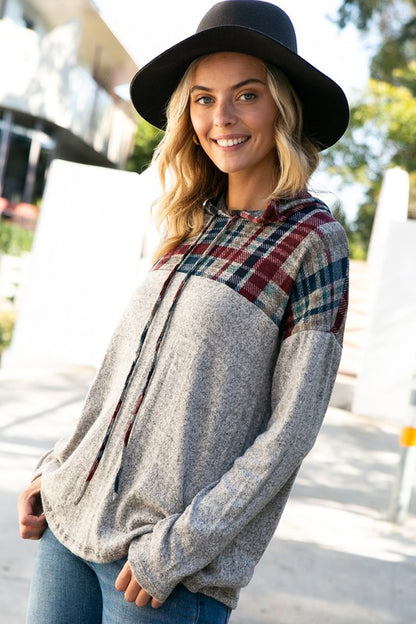 HACCI MELANGE PLAID AND SOLID MIXED HOODIE TOP