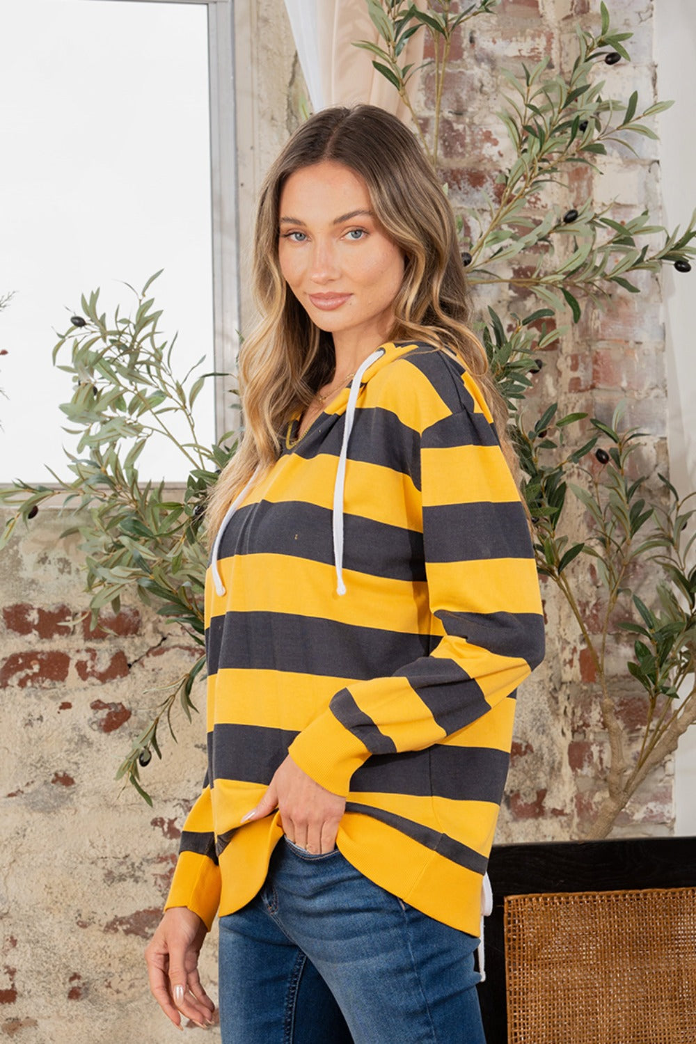 Drawstring Striped Long Sleeve Hoodie