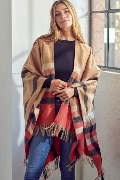 PLAID PATTERN SHAWL PONCHO