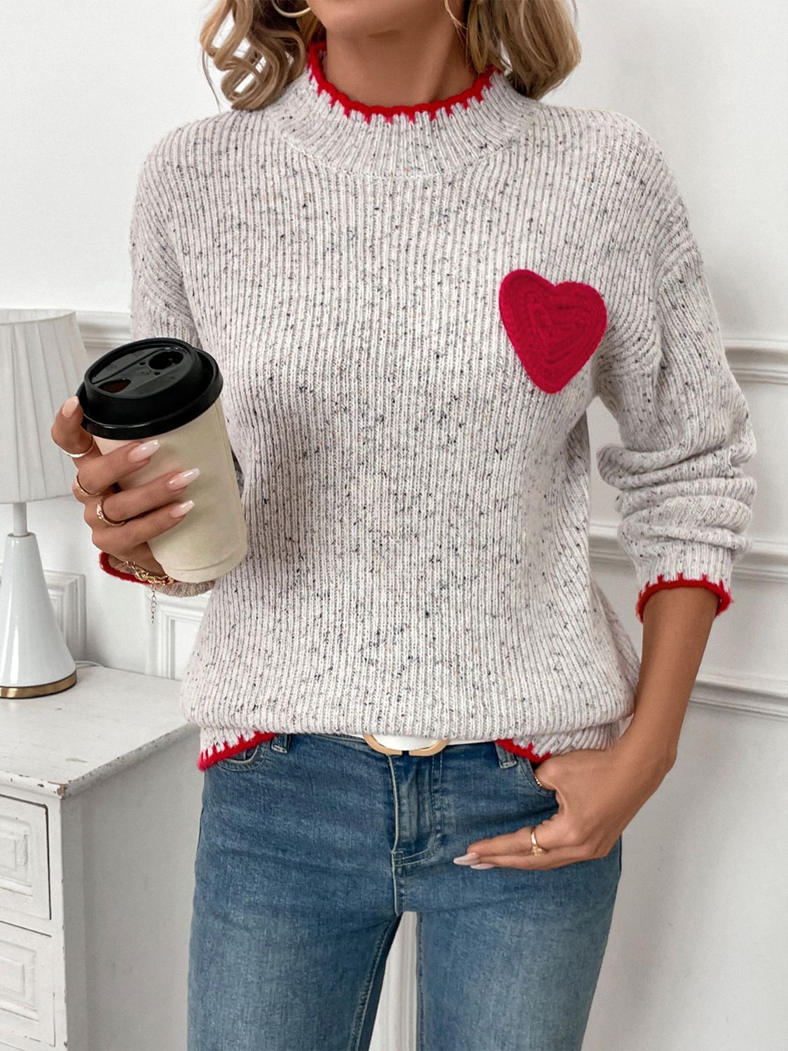 Contrast Heart Round Neck Long Sleeve Sweater