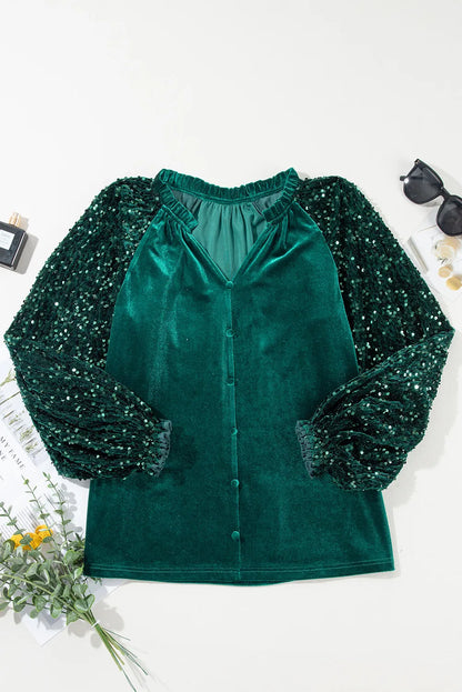 Sequin Notched Long Sleeve Blouse