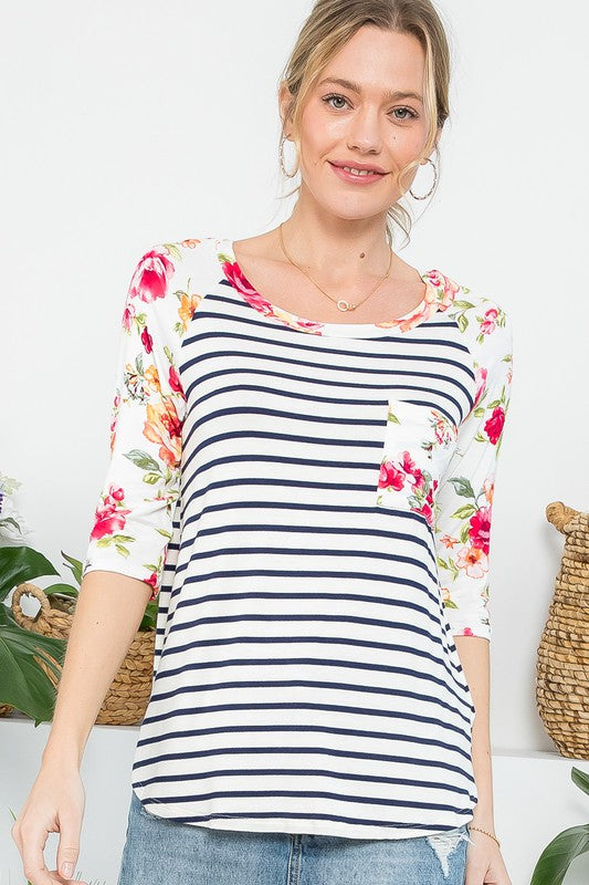 FLORAL STRIPE MIXED BASEBALL TOP