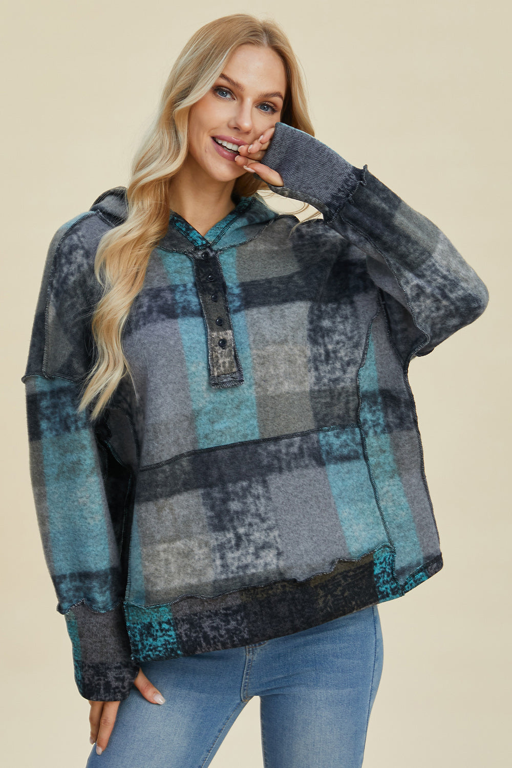 Plaid Dropped Shoulder Fleece Hoodie