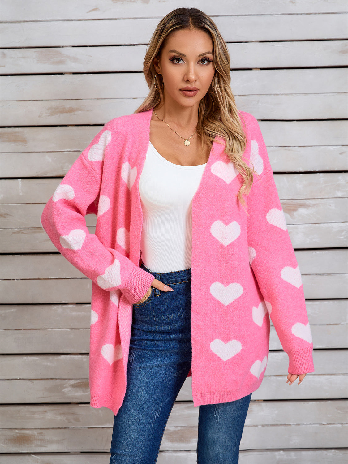 Heart Open Front Long Sleeve Cardigan