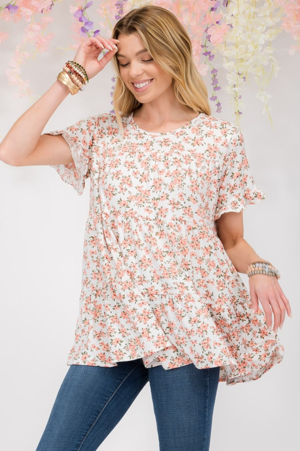 Floral Ruffled Short Sleeve Blouse