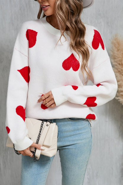 Heart Round Neck Dropped Shoulder Sweater