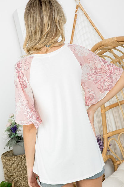 FLORAL CHIFFON MIXED BELL SLEEVE TOP