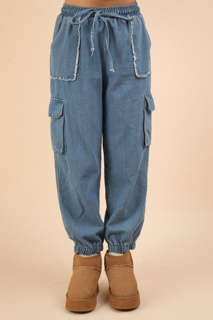 Washed Drawstring Jogger Cargo Jeans