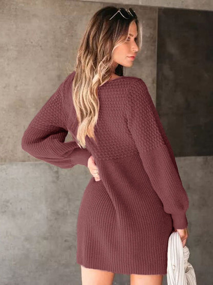 V-Neck Long Sleeve Sweater Dress