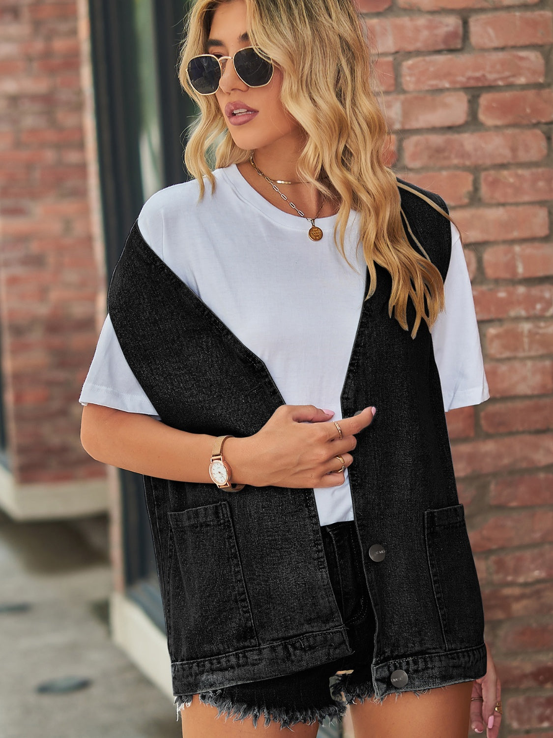 V-Neck Button Up Denim Vest