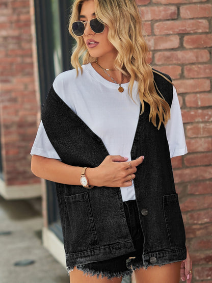 V-Neck Button Up Denim Vest