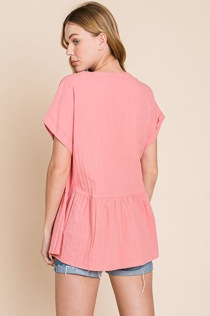 Notched Short Sleeve Peplum Top