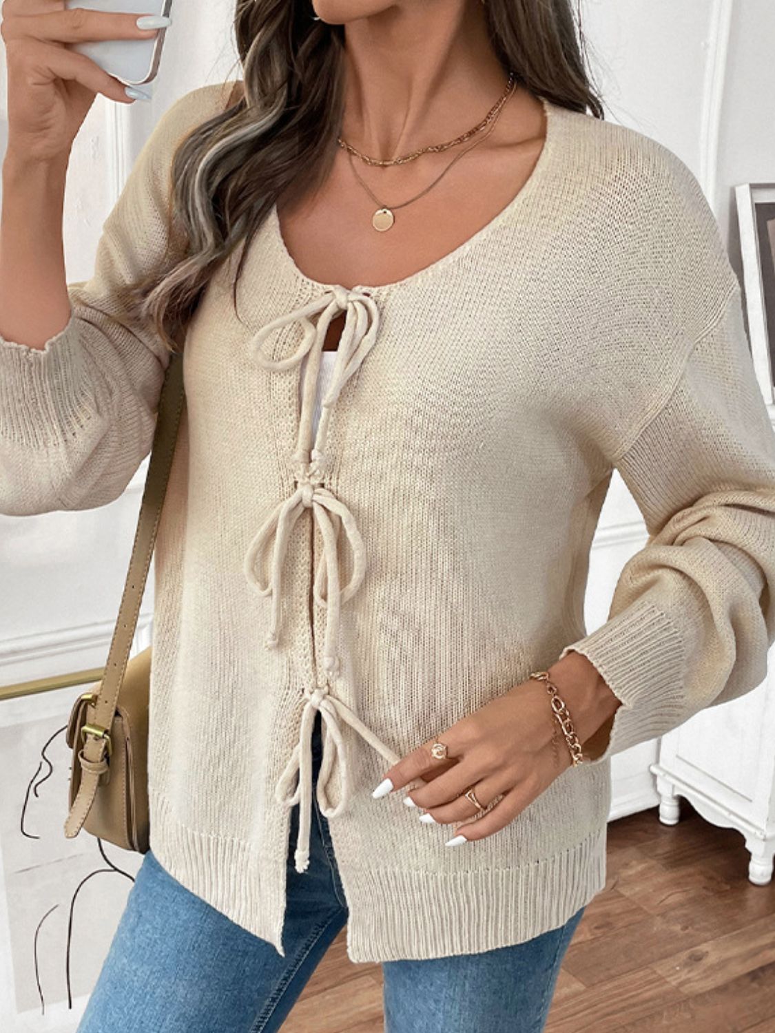 Tied Round Neck Long Sleeve Cardigan