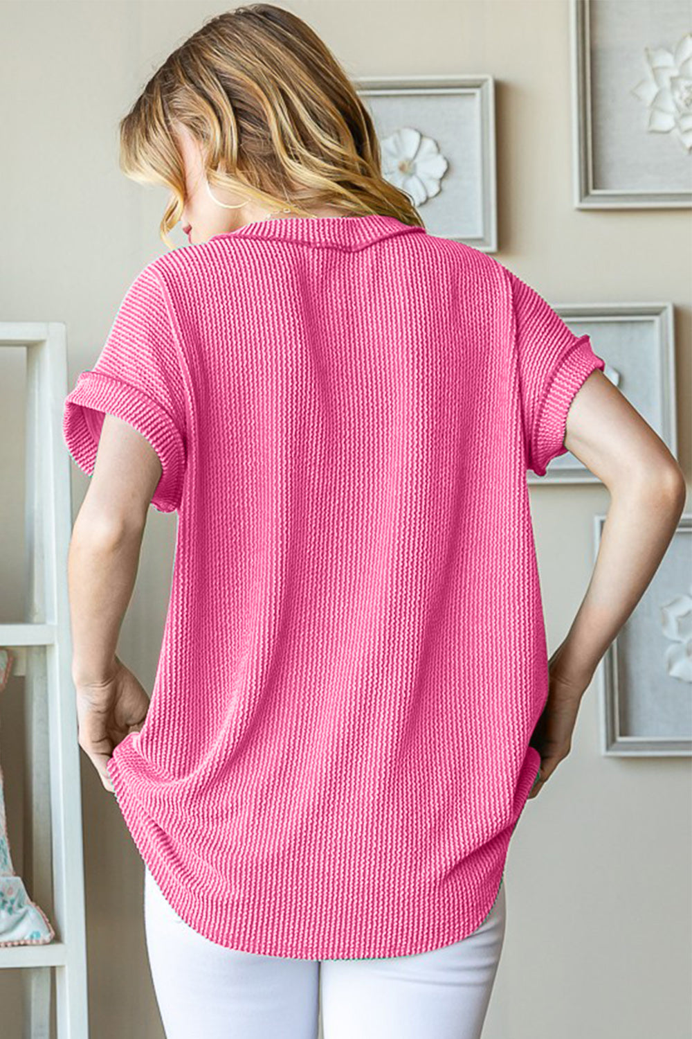 Front Pocket Short Sleeve Ribbed Top