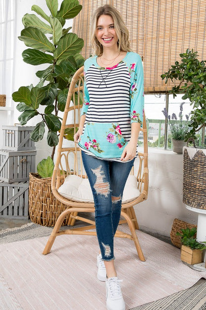 FLORAL STRIPE MIXED SWEATSHIRTS TOP