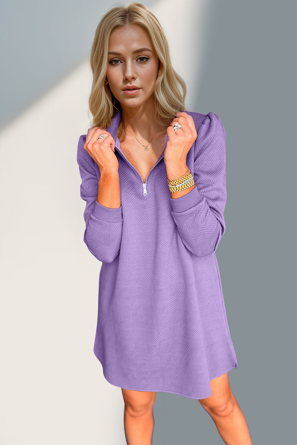 Textured Quarter Zip Long Sleeve Dress