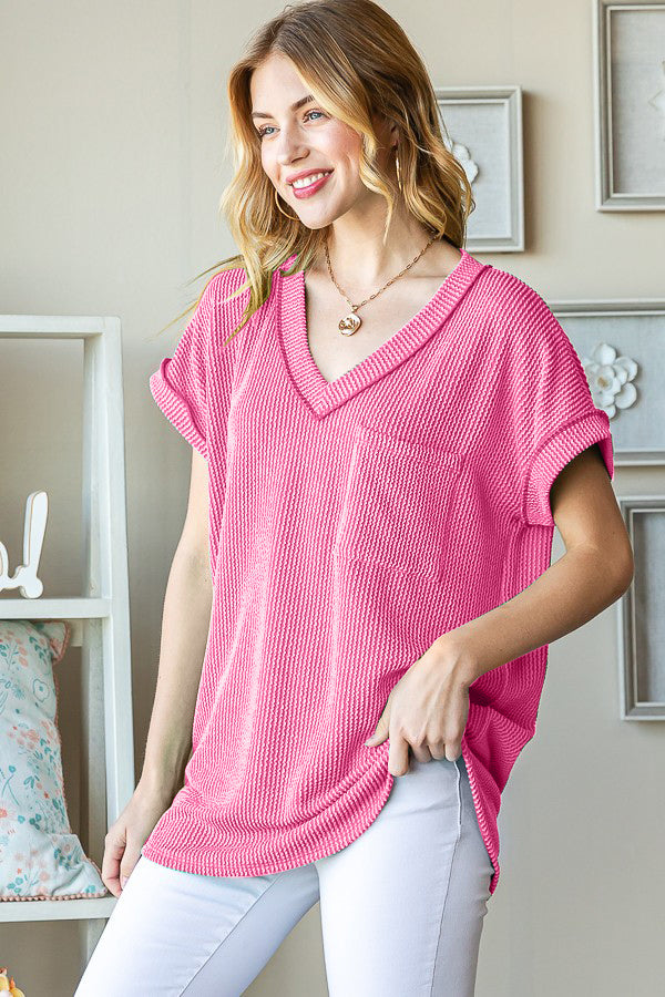 Front Pocket Short Sleeve Ribbed Top