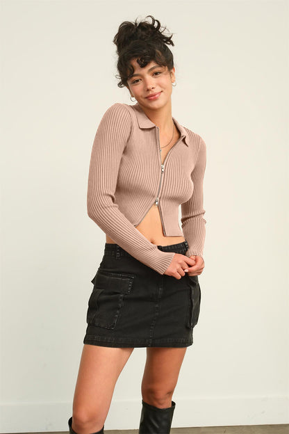 Ribbed Double Zip Cropped Cardigan