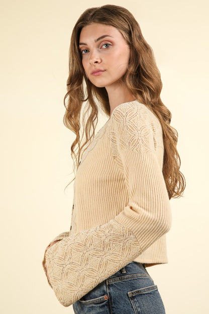 V-Neck Lace Detail Button Down Crop Ribbed Knit Top