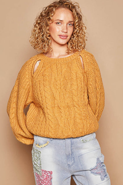 POL Cable Knit Cutout Long Sleeve Sweater