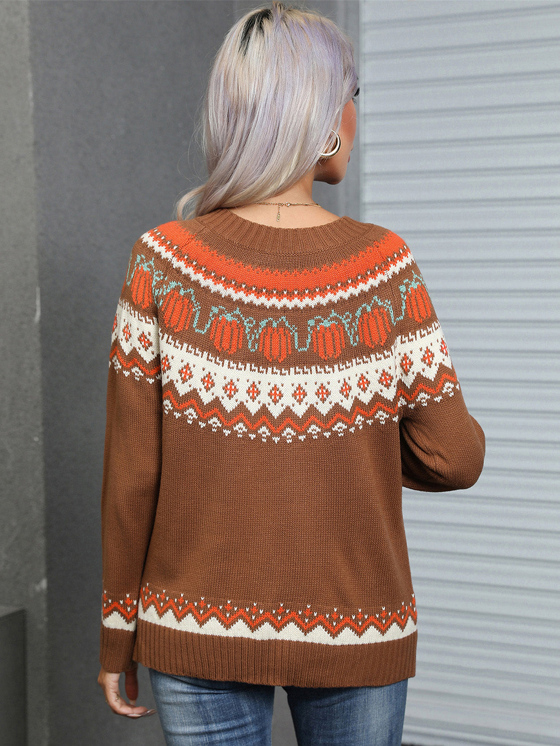 Geometric Round Neck Long Sleeve Sweater