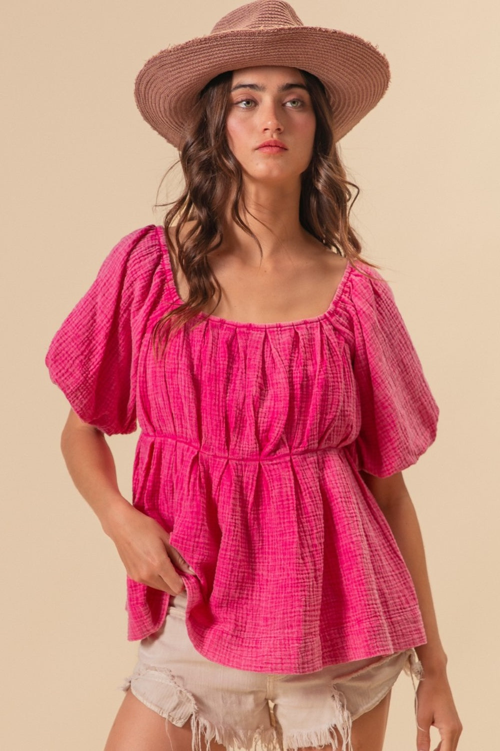 Pleated Puff Sleeve Washed Blouse