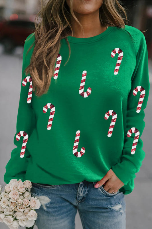 Candy Cane Round Neck Long Sleeve Sweatshirt