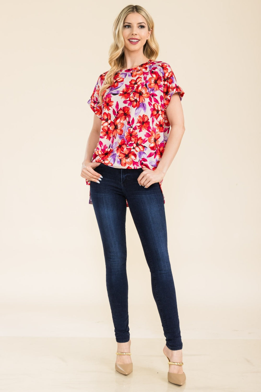 Round Neck Short Sleeve Floral T-Shirt