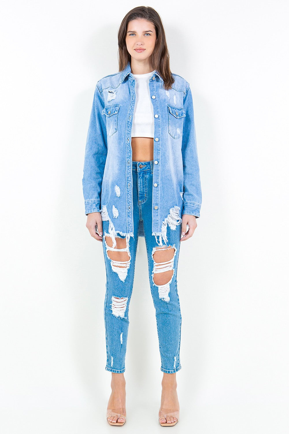 Frayed Hem Distressed Denim Shirt Jacket