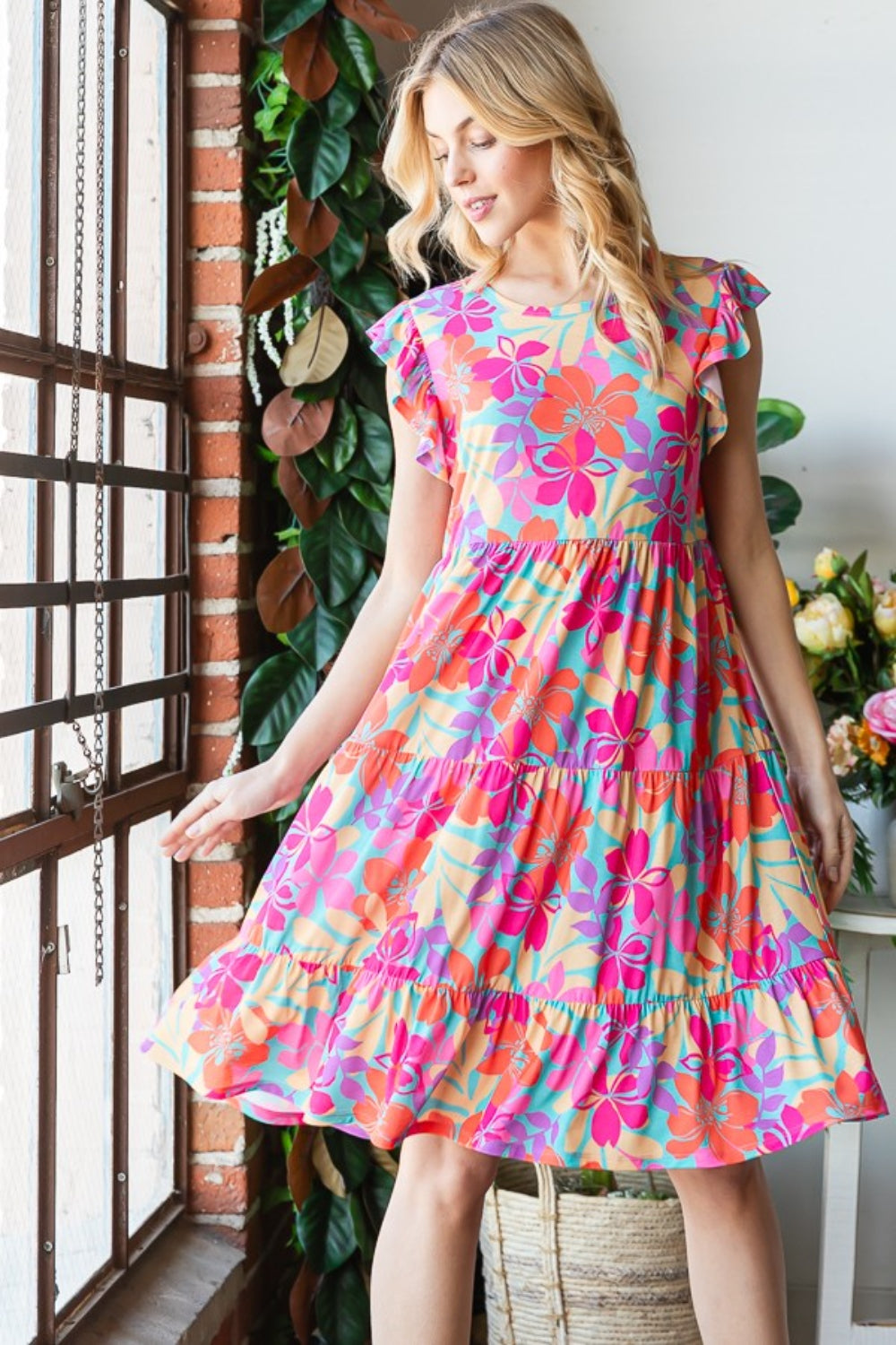 Floral Cap Sleeve Tiered Dress