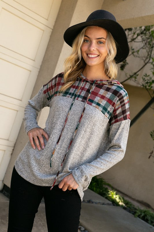 HACCI MELANGE PLAID AND SOLID MIXED HOODIE TOP