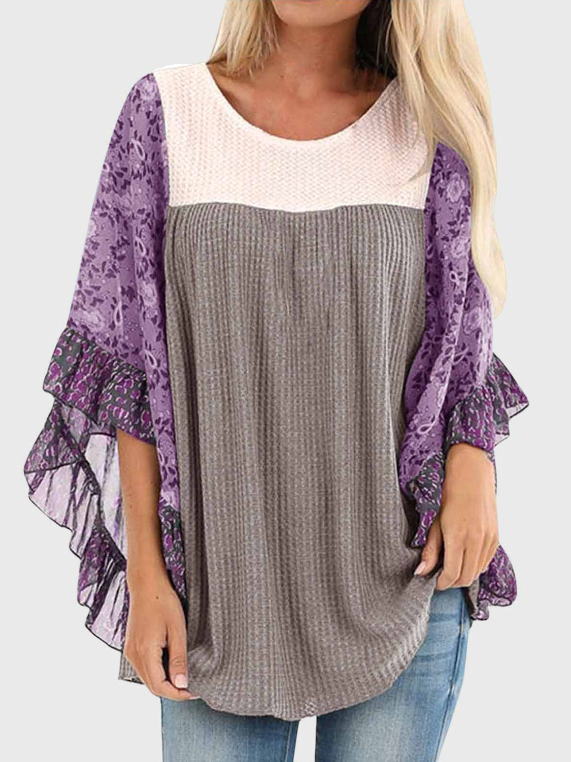 Printed Round Neck Three-Quarter Sleeve Blouse