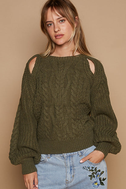 POL Cable Knit Cutout Long Sleeve Sweater