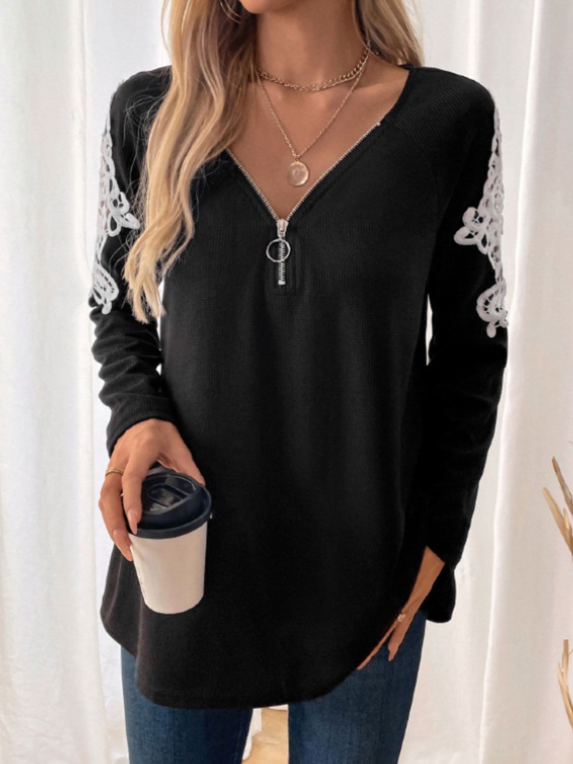 Lace Detail Quarter Zip Long Sleeve Top