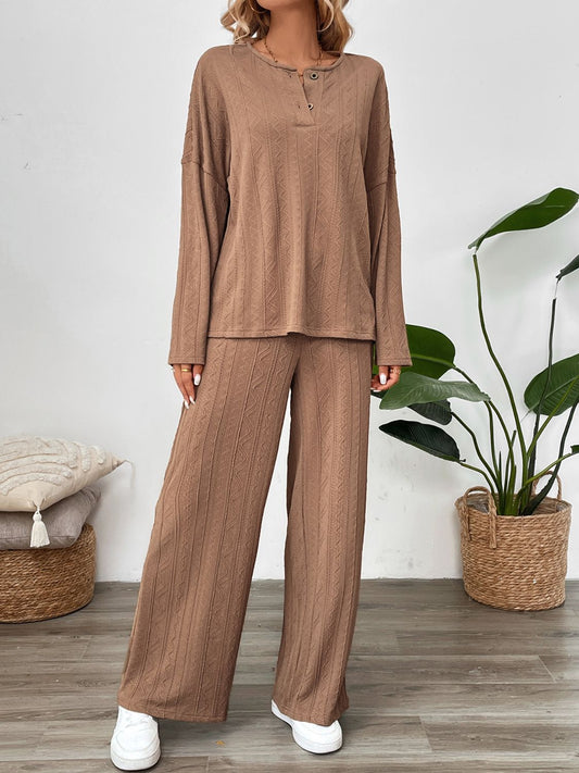 Quarter Button Long Sleeve Top and Pants Set