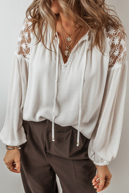 Lace Detail Tie Neck Long Sleeve Blouse