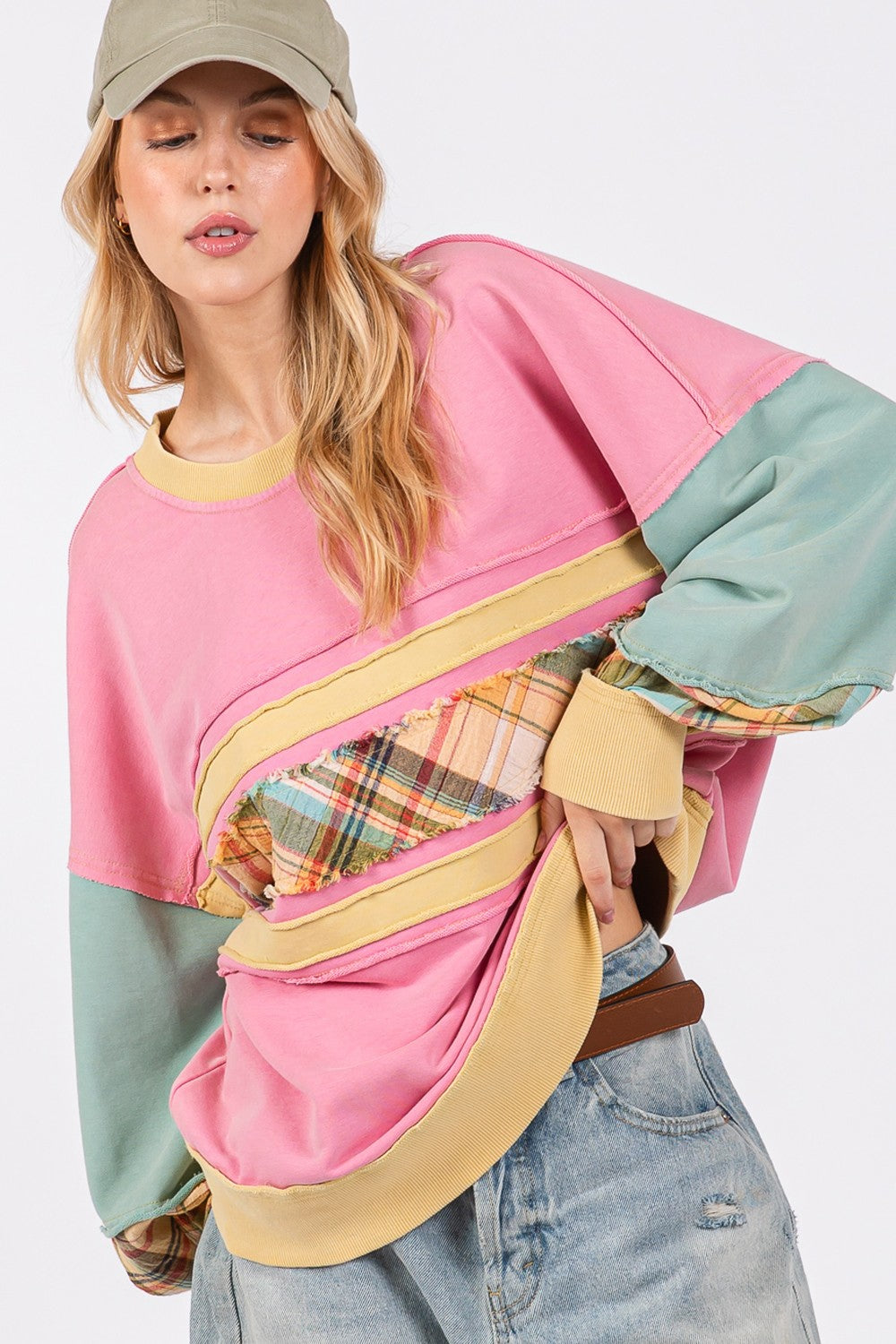 Mineral Wash Raw Edge Color Block Sweatshirt