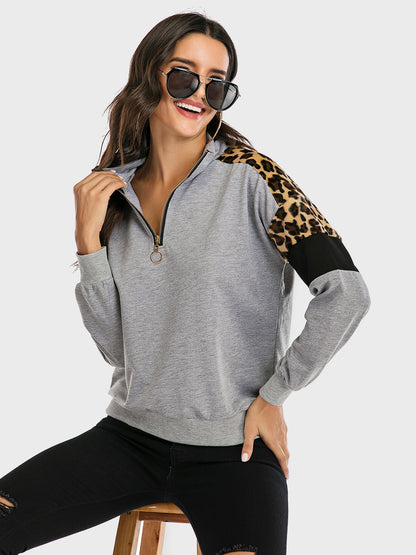 Contrast Leopard Half Zip Long Sleeve Sweatshirt